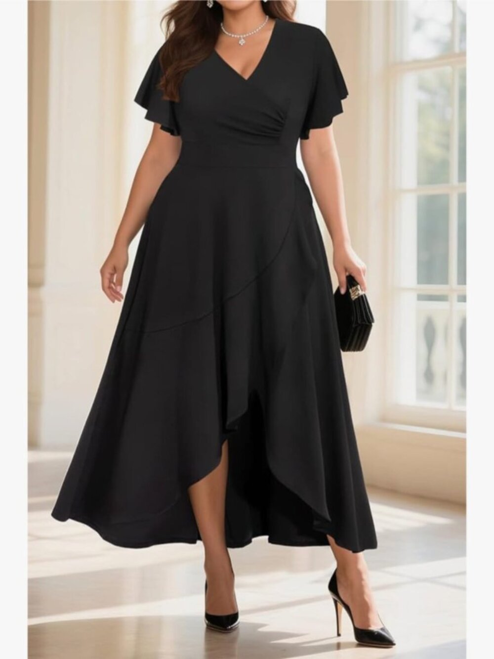 Sexy long-sleeve cocktail dress with a deep V-neck, sequins, and an asymmetrical